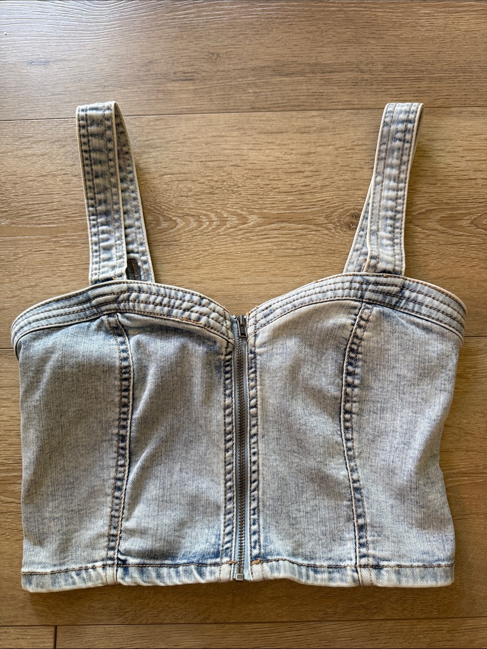 Light Washed Denim Zip-Front Bustier Top